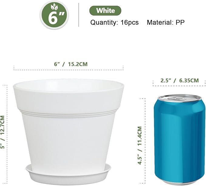 6 inch Small Plastic Nursery Pots, Seedling Pots, 16 Pack Plant Pots for Indoor Outdoor Plants, Flower Pots with Drainage Holes and Saucers, Decorative Planters for House Plants, White