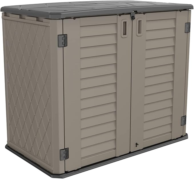 HOMSPARK Storage Shed Weather Resistance, Multi-Purpose Outdoor Storage Cabinet for Backyards and Patios, Horizontal Storage Shed for Lawnmower, Patio Accessories (Coffee, Large - 26 cu.ft)