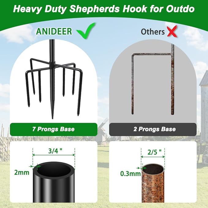 60" Shephards Hook for Outdoor, Heavy Duty Bird Feeder Pole with 7 Base Prongs, Adjustable Shepherds Hook for Hanging Bird Feeder, Solar Light Lanterns, Garden Plant Hanger Stands,2 Packs