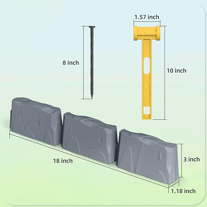 16Pcs Landscape Edging(24 Foot) with 48 Pieces 8-inch Spikes | 3 Inch Tall Faux Stone Edging for Landscaping | Faux Stone Edging Bricks for Flower Bed,Lawn,Yard,Weed Barrier(Dark Grey)