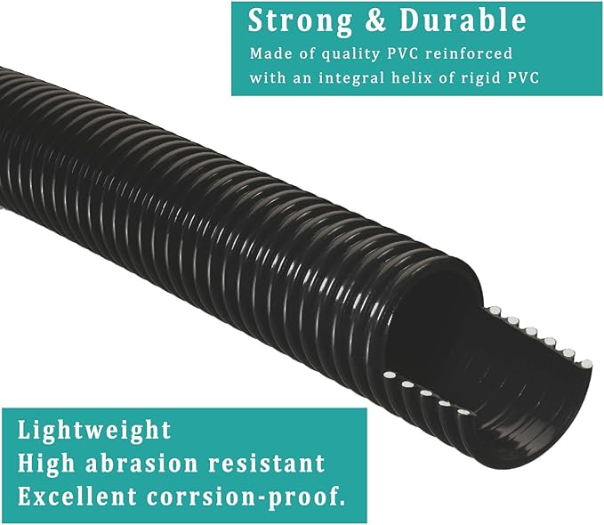 Pond Tubing ID 1/2” × 10ft Black Corrugated Flexible Reinforced Waterfall Pond Tube Sump Pump Hose, Non-toxic & Kinkproof (10 ft, 1/2" ID)