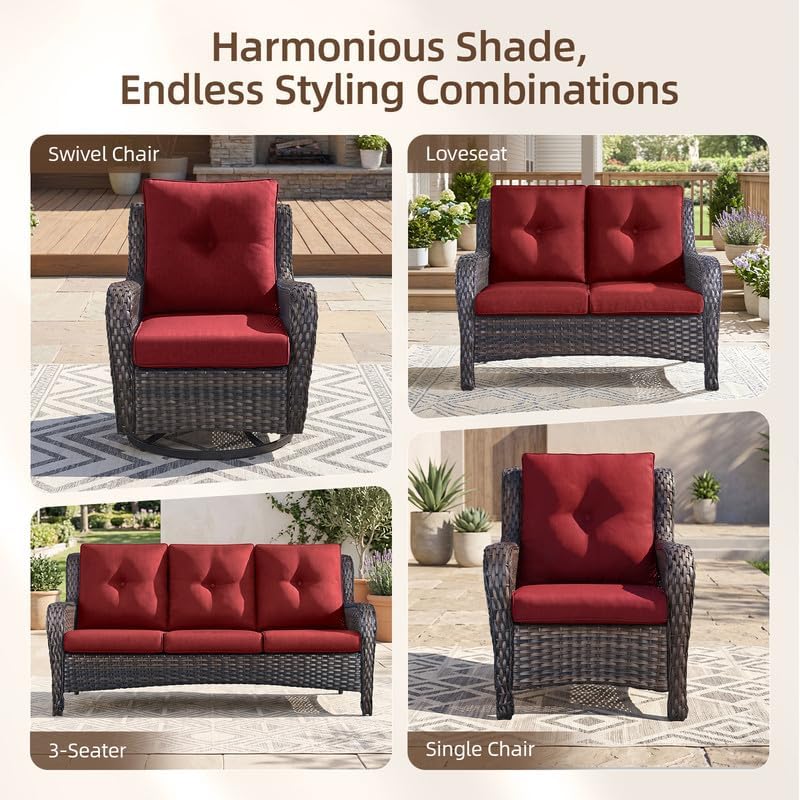 2 Pieces Outdoor Wicker Swivel Rocker Patio Chairs Set of 2, Cushions Red - Image 6