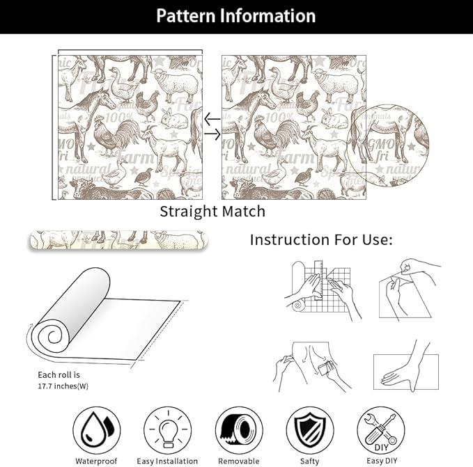 Boho Rustic Farm Animals Cow Rooster Horse Turkey Peel and Stick Wallpaper Self Adhesive Removable Easy Peel Off Stick on Wall Paper for Bedroom Cabinet Renter