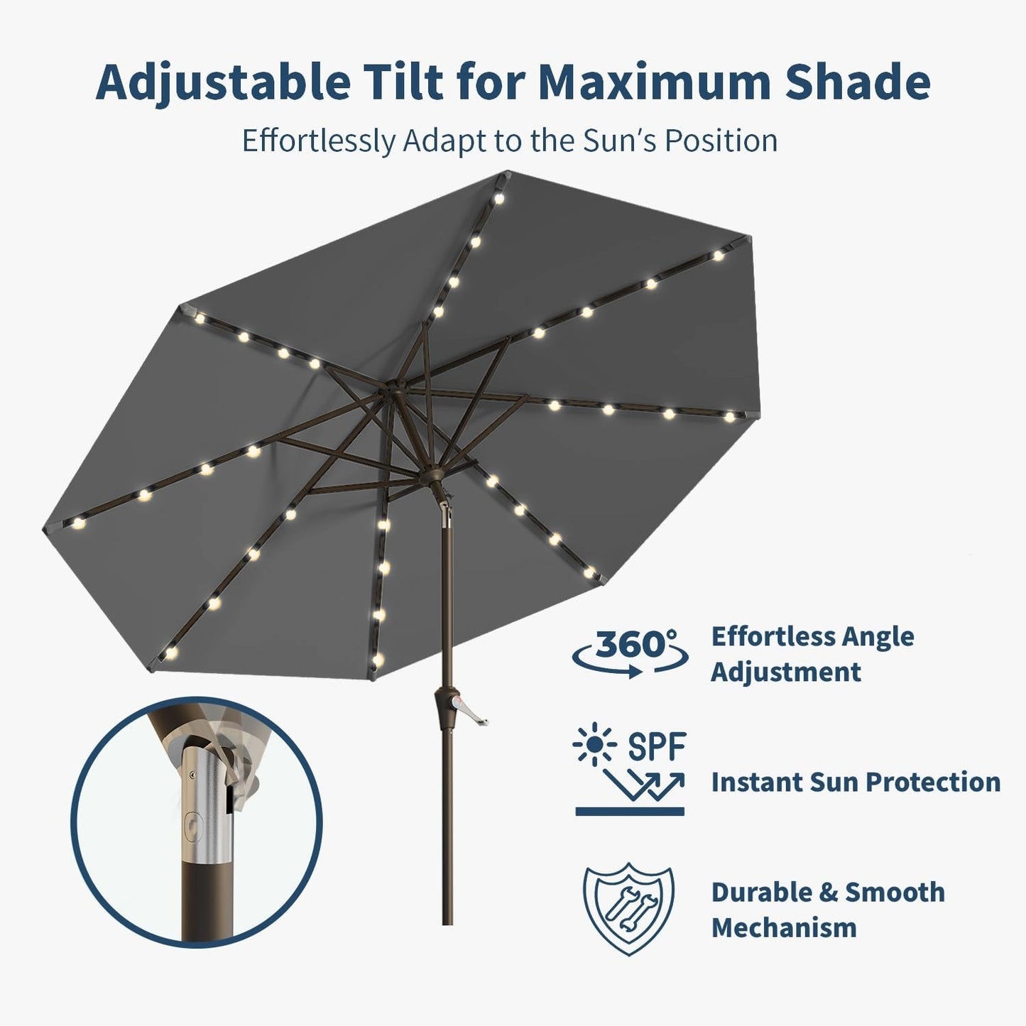 10FT Solar Umbrella 32 LED Lighted Patio Umbrella Table Market Umbrella w/Tilt and Crank, UV-Resistant Outdoor Umbrella for Pool, Garden, Deck, Gray