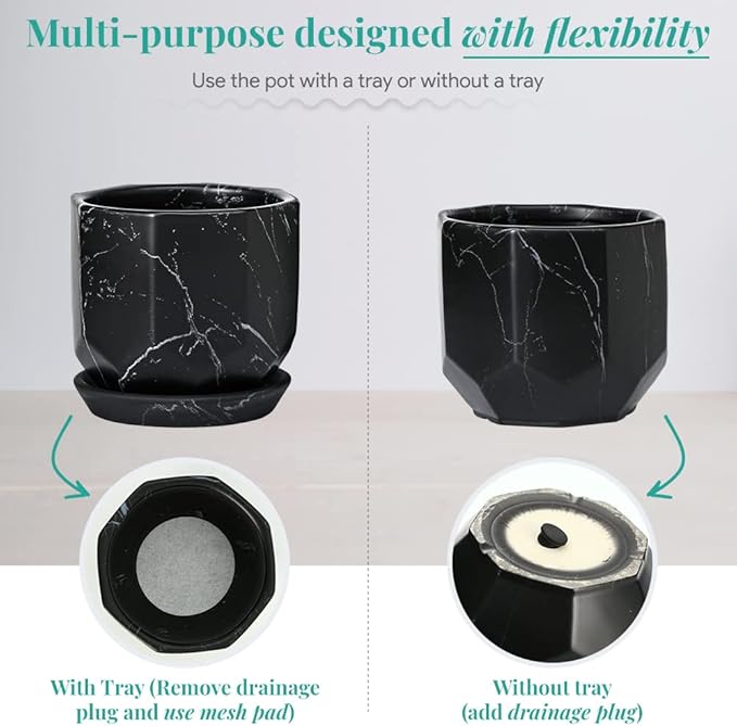 Black Plant Pot with Drainage Holes and Saucers, Ceramic Pots for Indoor Outdoor Plants, 4 & 5 Inch Premium Hand Glazed Sustainable Planters for Flower, Garden, Succulent, Nursery, Home Decor