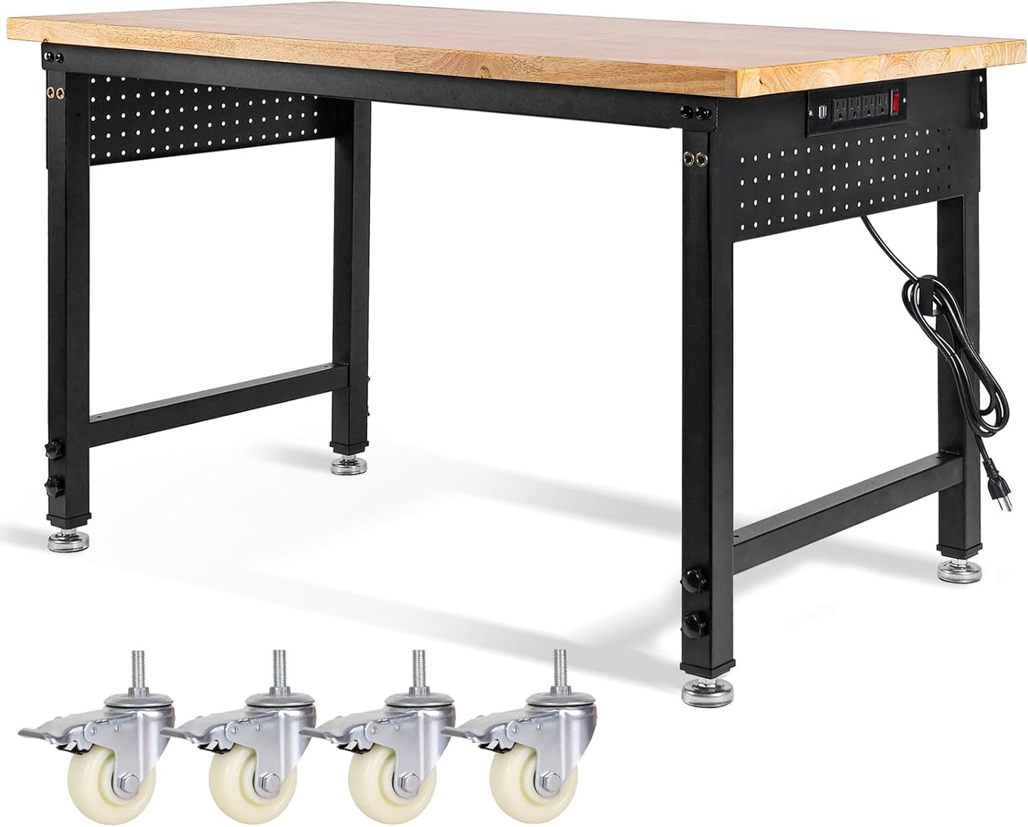 Adjustable Height Workbench, Heavy Duty Table Rubber Wood Workstation with Power Outlet & Pegboard for Garage, Office, Workshop, Home,Commercial (48"×24"|Wheels)