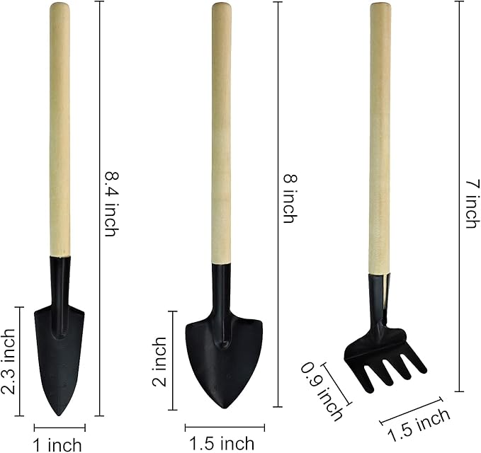 Andiker Mini Gardening Tools, 3pcs Portable Garden Hand Tools Set, Miniature Gardening Rake Trowel and Shovel for Seedlings, Bonsai, Succulents, Herbs, Terrariums and Planting (3pcs)