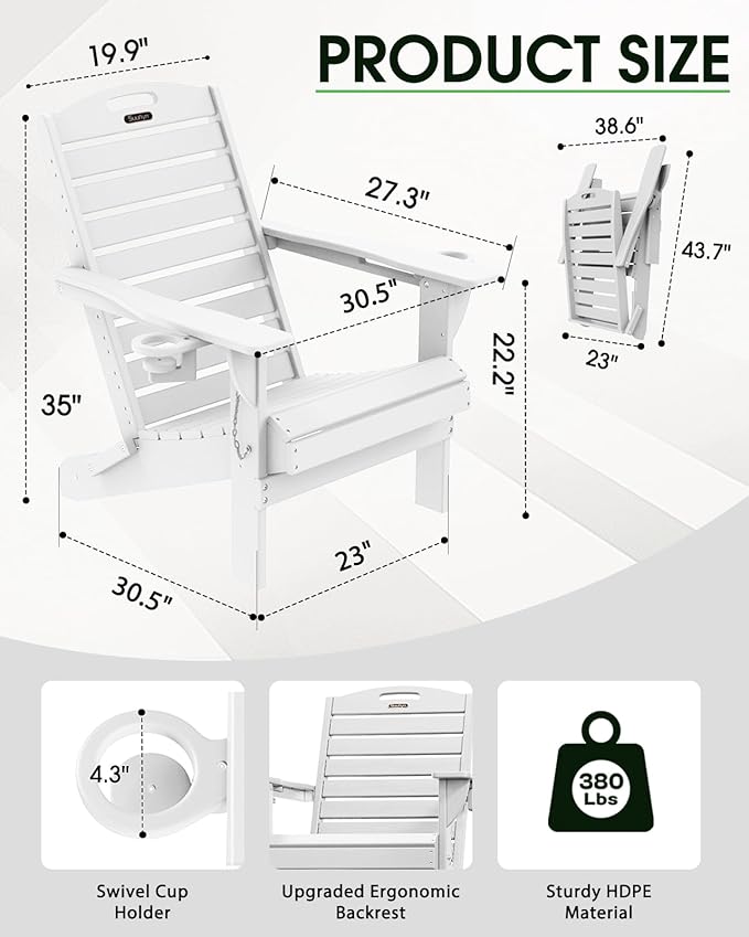 Adirondack Chairs Set of 4, Outdoor Fire Pit Chairs, HDPE All-Weather Adirondack Chairs with Cup Holder, Lawn Chair for Deck, Patio, Garden (White)