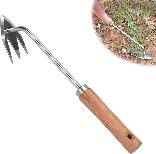 Amposei Stainless Steel Multifunctional Weeder, Hand Weeder Tool Stand Up Weed Puller Tool with Long Handle, V-Shaped Light Duty Hand Weeder for Lawn Garden Yard Farmland Weed Removal (Wood Handle)