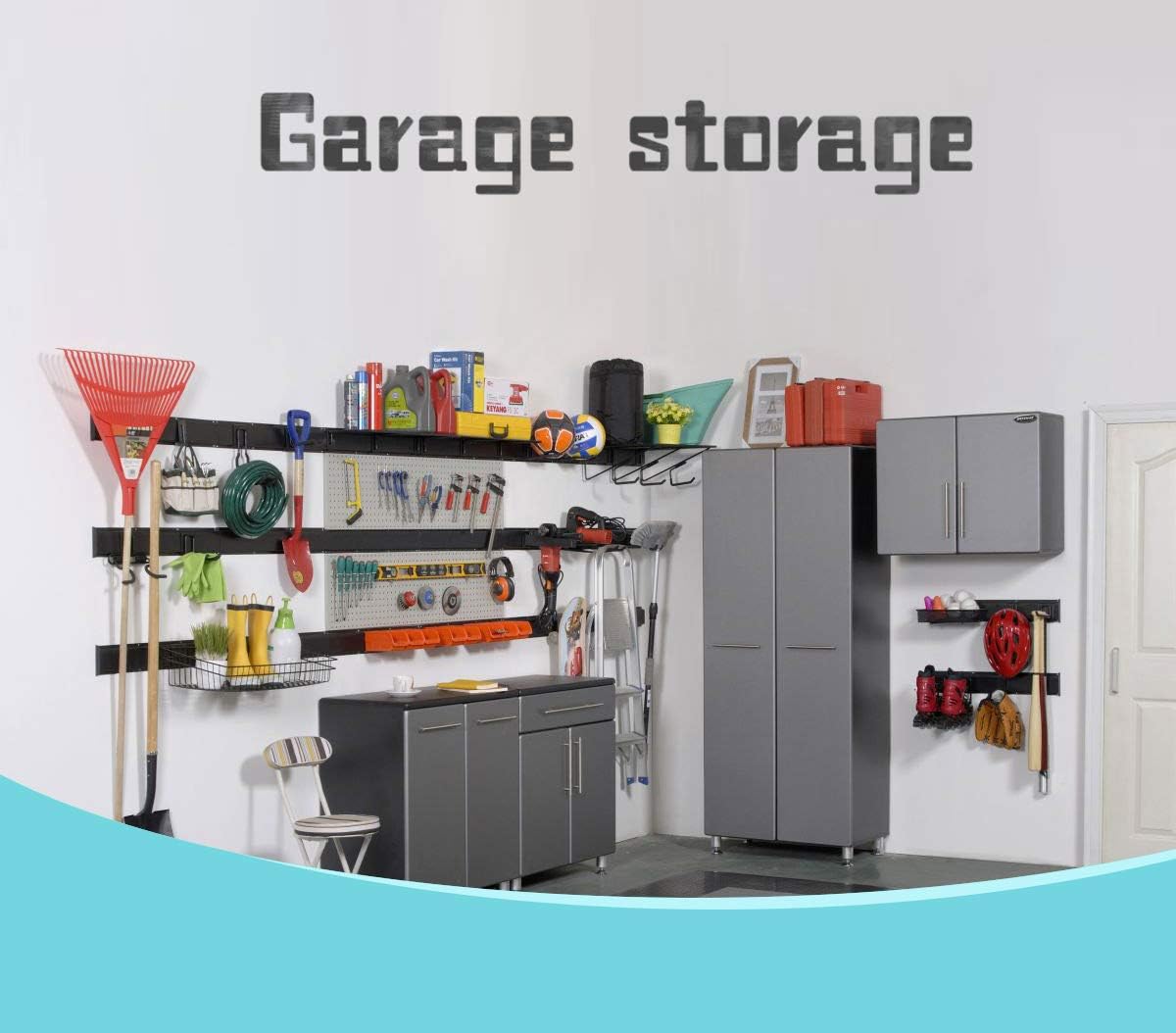 Ultrawall 13 PCS Tool Storage Rack, 64 Inches Adjustable Garage Organization Wall Mounted Storage System with 9 Hooks, Heavy Duty Steel Garden Tool Organizer Wall Holders