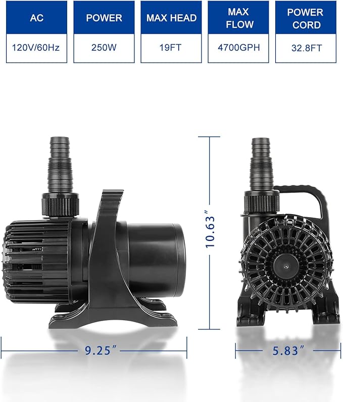 Outdoor Large 4700gph-250W 32.8FT Pond Water-fall & Kio Fish Fountain-s &Garden Pump Submersible IPX8: Long 32.8FT Cord Smart-er & Quieter Duck & Yard& Patio Ponds Pumps, 1 Barrier Pump Bag