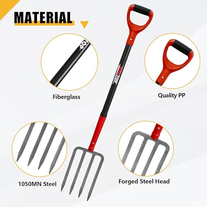 4-Tine Pitch Fork Garden Digging Fork Spading Fork Heavy Duty Pitchfork for Gardening Potato Fork, 43 inches