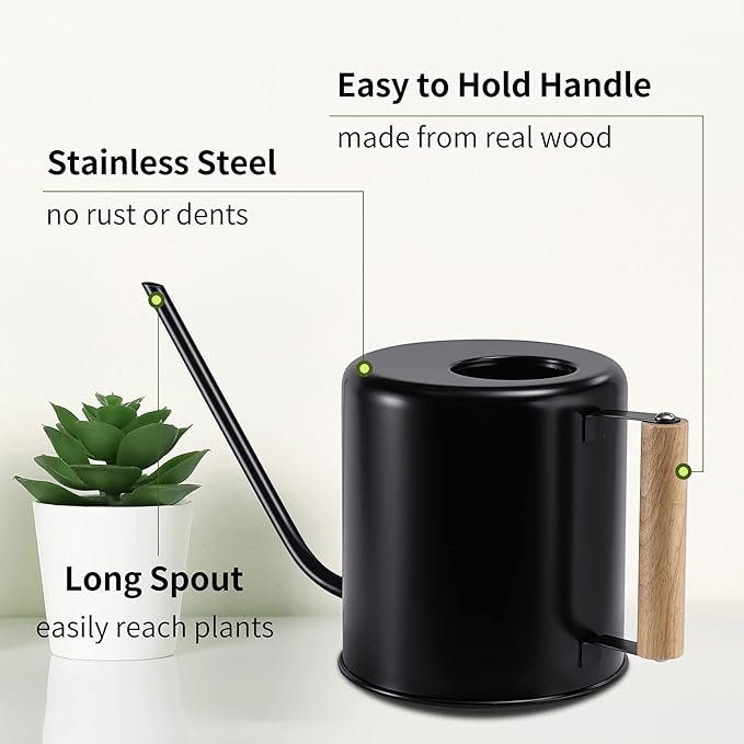 1.5 Liter Black Watering Can for Indoor Plants, House Plants, Flower Watering, Outdoor Plants - Small Metal Watering Can with Long Spout