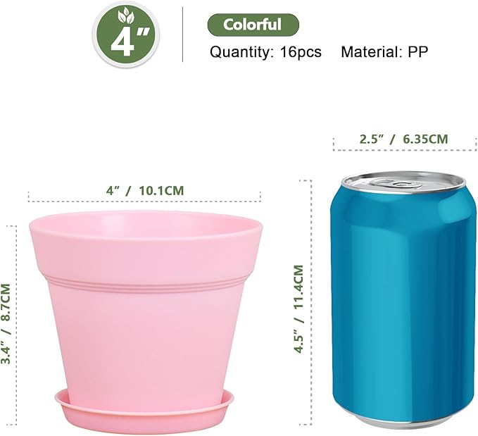 4 inch Small Plastic Nursery Pots, Seedling Pots, 16 Pack Plant Pots for Indoor Outdoor Plants, Flower Pots with Drainage Holes and Saucers, Decorative Planters for House Plants, Colorful
