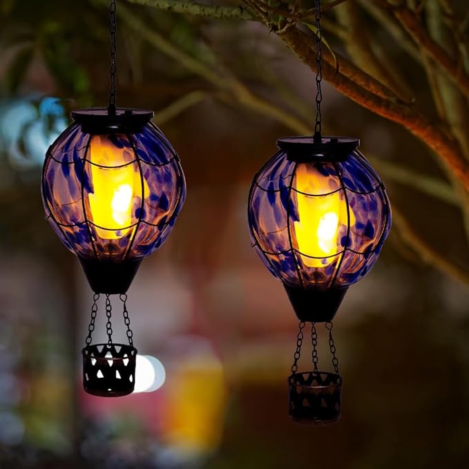 2PCS Solar Hot Air Balloon Lantern with Flickering Flame,Blue Glass Hot Air Balloon Solar Lanterns Outdoor Waterproof Hanging Decorative Light for Patio Porch Yard,Garden Gifts for Women