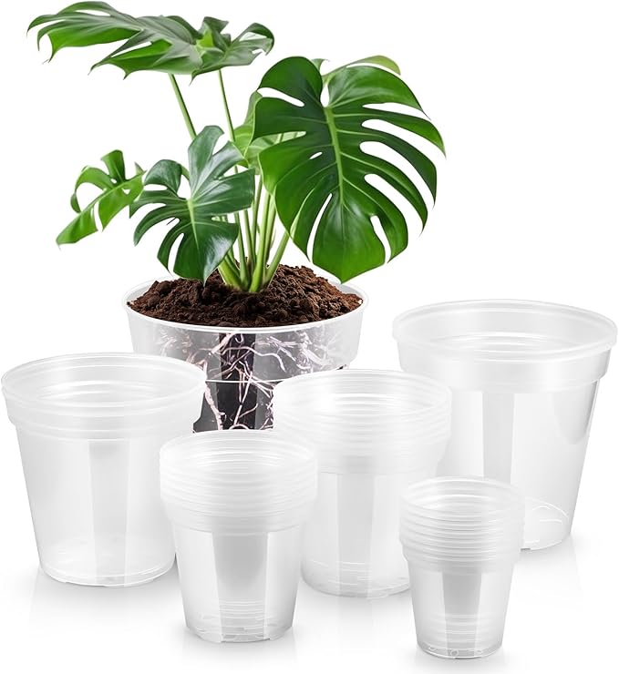 Vesici Large Size Clear Nursery Pots Variety Pack Plant Pots with Drainage Holes Planters for Indoor Plants Flexible Transparent Plastic Plant Bottle Succulents(24 Pcs,4/5/6/7/8/9 Inch)