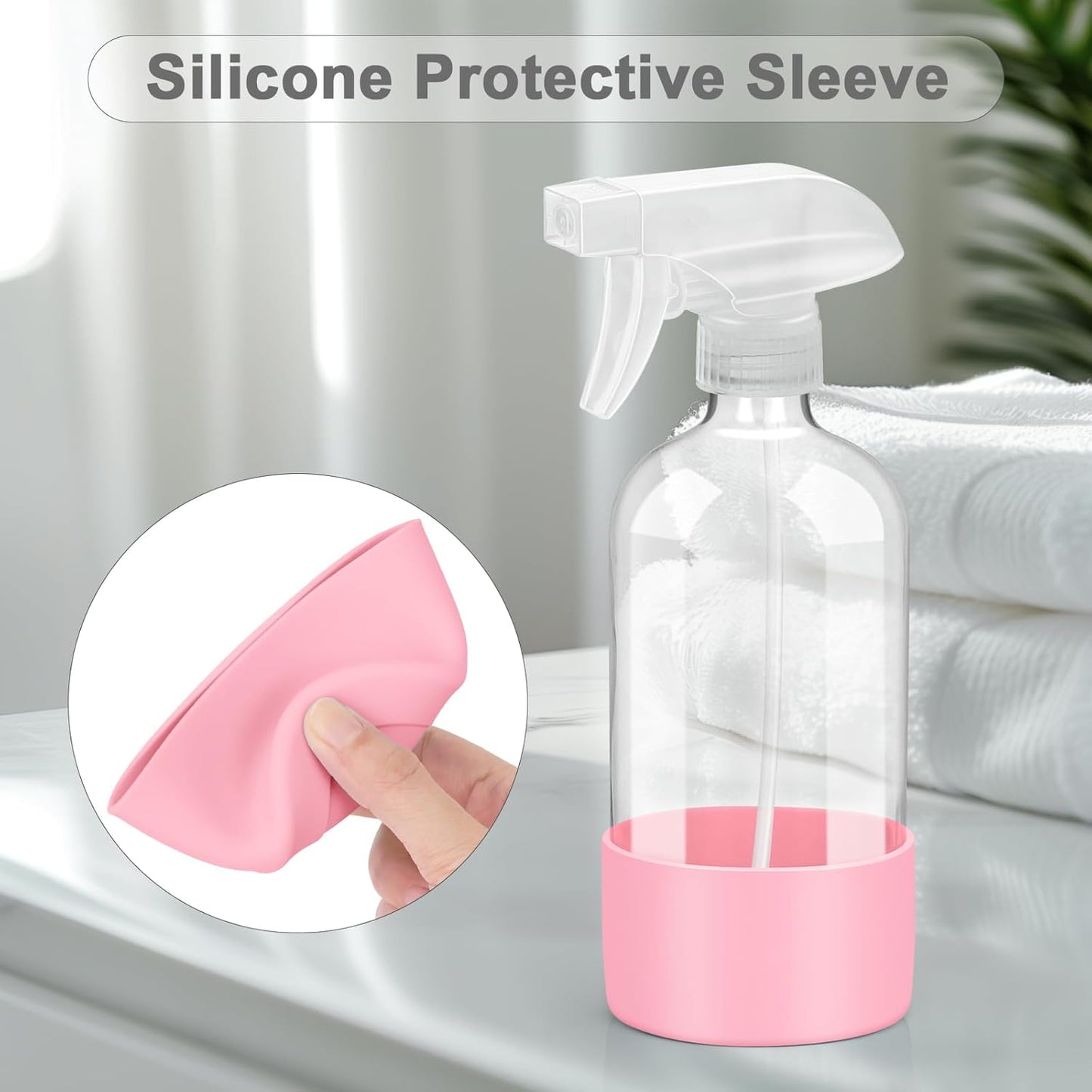 2 Pack Glass Spray Bottles with Silicone Sleeve, 16 oz Empty Refillable Containers with Adjustable Spray Nozzles, Spray Bottles for Hair, Cleaning Solutions and Plants Pink