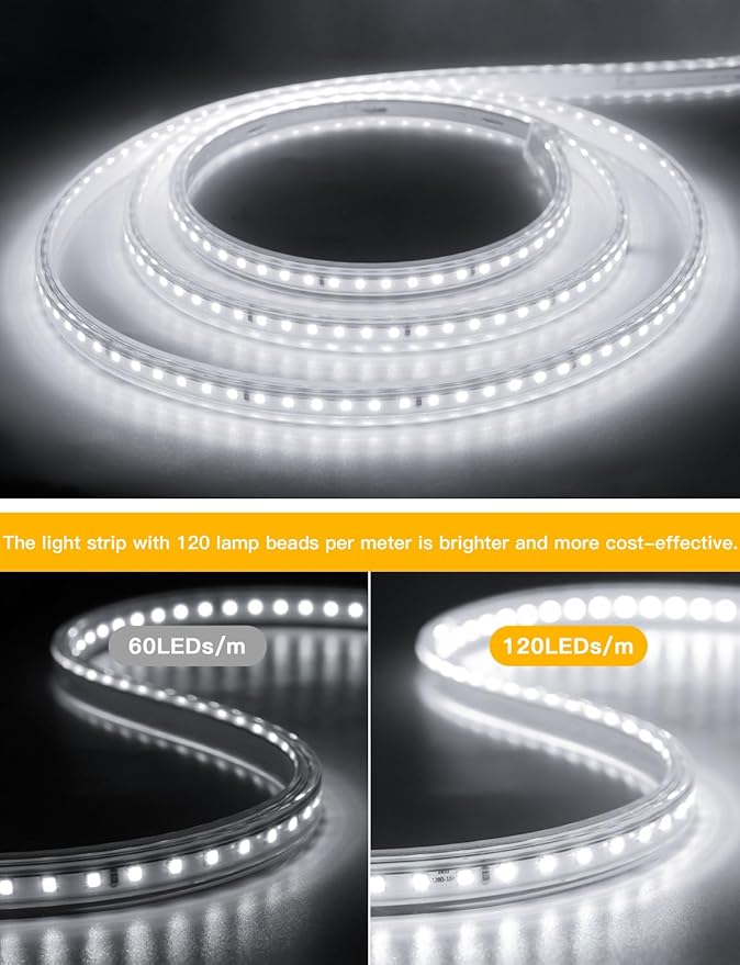 AIMENGTE Led Strip Lights for Outdoor - Waterproof Led Strip Lighting AC 110V, 360LEDs, 6500k LED Rope Lights for Garden, Patio, Lawn, Under Cabinet Kitchen, Bedroom Bathroom (9.9ft, Cool White)