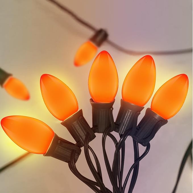 C7 LED Outdoor Halloween Lights 25Ft Orange Christmas String Lights with 27 Shatterproof Orange LED Bulbs, Hanging Outdoor Patio Lights for Christmas Halloween Party Patio Wedding Holiday Decoration