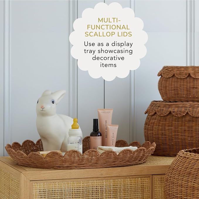 BEBE BASK Large Scalloped Basket Set Of 3 - Hand-Woven & Award-Winning Scallop Basket - XL - Extra Large for Blankets 22 x 16 x 10 In - Elegant Wicker With Scalloped Edge Lid (Mocca)