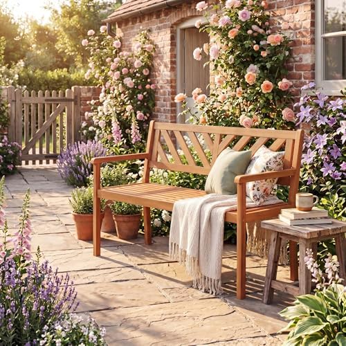 GIANTEX 2-Person Outdoor Bench, Armrests & V-Shaped Backrest, Wooden Garden - Image 2