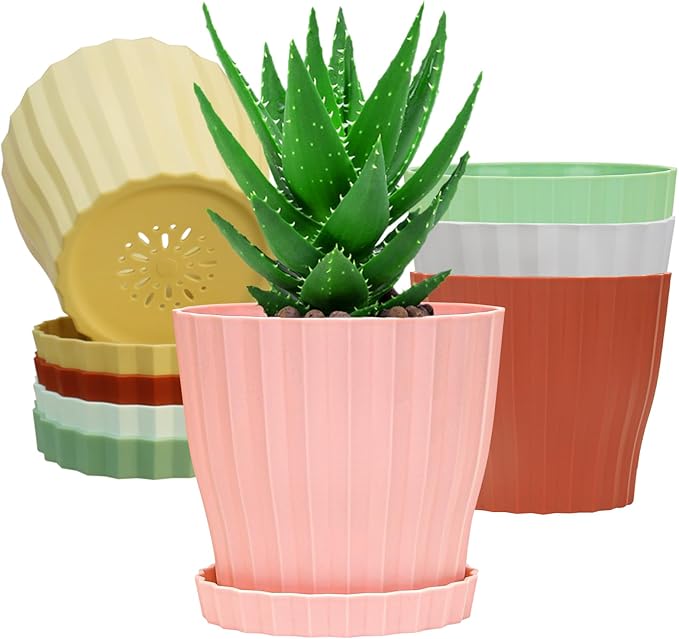 6 inch Flower Pots for Plants with Drainage Holes and Saucer, 5 Pack Plastic Plant Pots Indoor Planters for Outdoor Plants Small Garden House Home Decor, Nursery Pots for Succulent Colorful