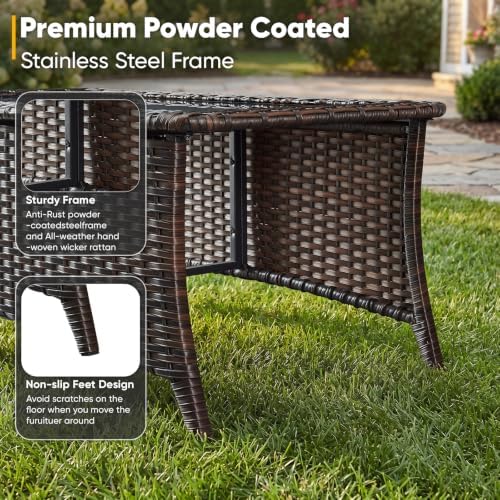 Outdoor Coffee Table with Tempered Glass Top, Patio Rectangular Brown Wicker - Image 6