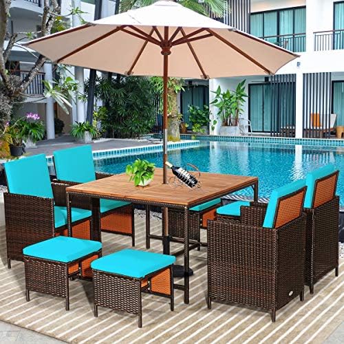 Tangkula 9 Pieces Acacia Wood Patio Dining Set, Space Saving Wicker Chairs and - Image 2