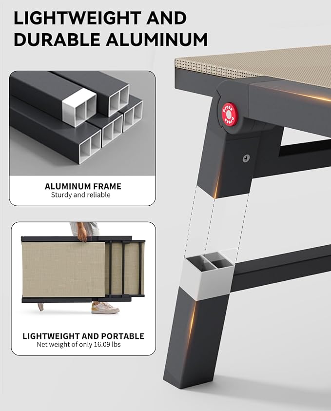 Aluminum Chaise Lounge Chair Outdoor, Foldable Patio Lounge Chair 2 Sets with Table Assemble-Free, Pool Lounge Chairs with 5 Adjustable Backrest, Outdoor Lounge Chairs for Outside Poolside Flaxen