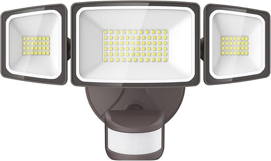 Onforu 65W LED Security Lights Motion Sensor Light Outdoor, 6500LM, 6500K, IP65 Waterproof, Flood Light Outdoor Motion Detector with Adjustable 3 Head, Hardwired Wall Light for Entryway, Yard (Brown)