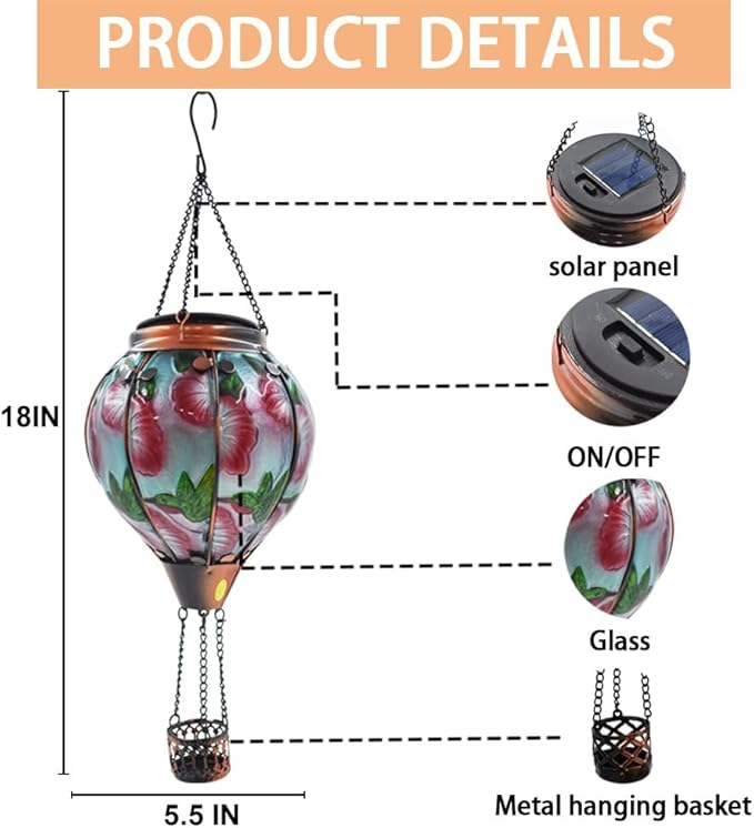 2PC Hot Air Balloon Solar Lantern with 2PC Shepherd Hook, Flickering Flame Hanging Solar Lanterns Outdoor Lights Waterproof Lanterns for Garden Patio Yard Party Decor (Hummingbirds & Flowers)