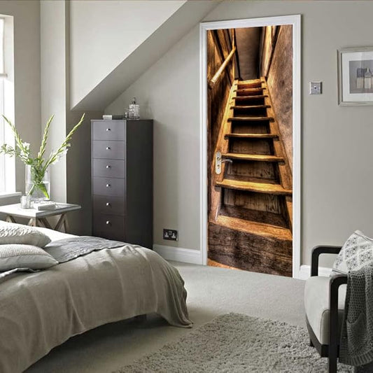 3D Door Stickers Murals Peel and Stick - Wooden Stairs - Door Wallpaper Self-Adhesive Door Decals Removable PVC Waterproof Door Poster for Bedroom Living Room Door 31.5" x 78.7"
