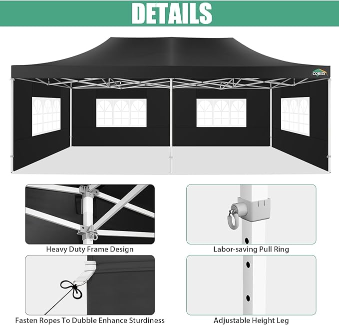 COBIZI 13x26 Pop Up Tent Heavy Duty Canopy with Removable Sidewalls Party Tent Outdoor Wedding Large Event Tent with Roller Bag for Garden Lawn Waterproof UPF 50+ Easy Up, Black (Framework Upgraded)
