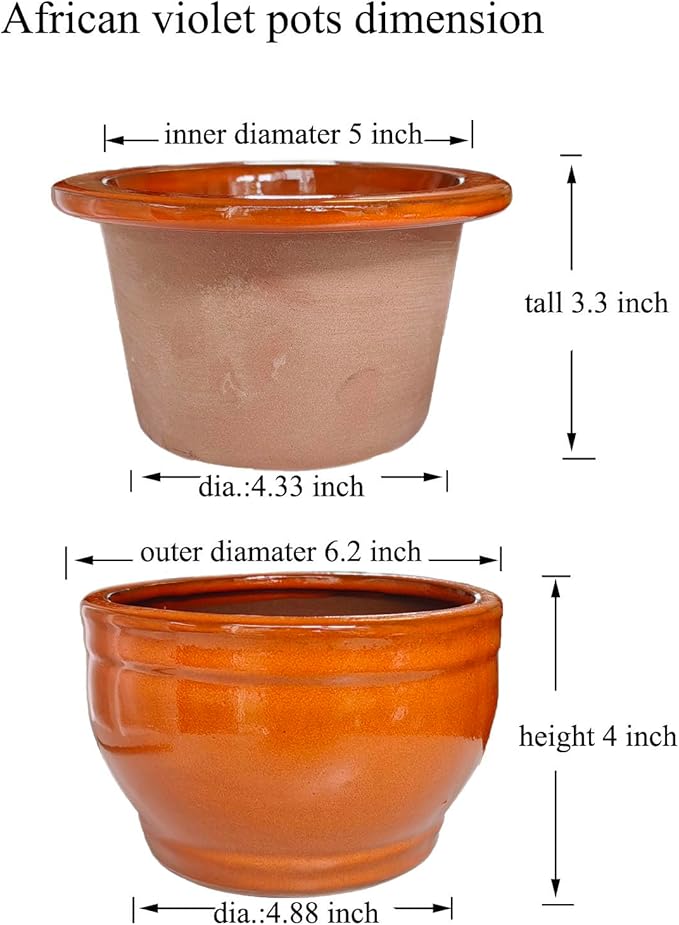 African Violet Pots Self Watering Round Ceramic Violet Pot (Orange, 6 inch)