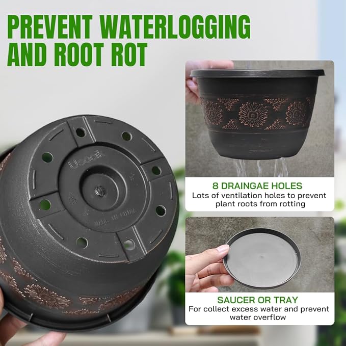 4 Pack 10 inch Plant Pots, Retro Pattern Planters with Drainage Holes and Saucer, Sturdy Plastic Garden Flower Pots for Indoor & Outdoor Plants