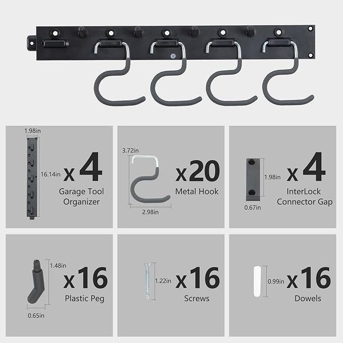 WellMade 64'' Adjustable Garden Tool Organizer, Garage Storage System with Hooks, Wall Mount Tool Organization Rack, Black