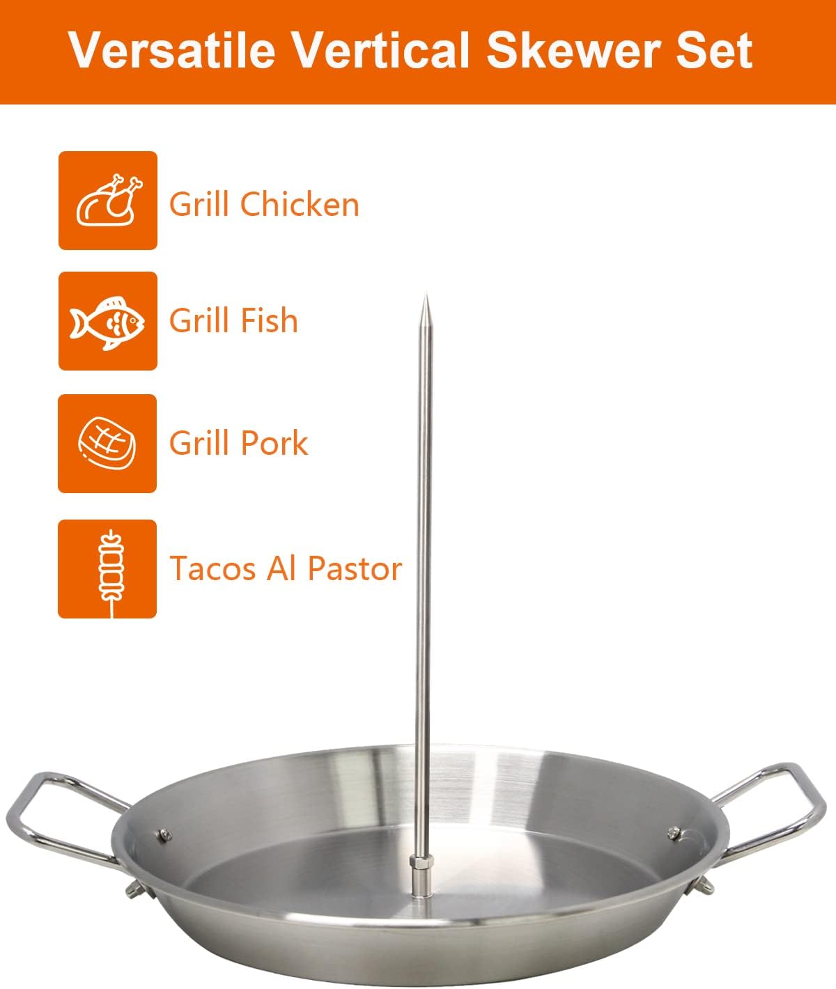 BBQ Vertical Skewer Pan Gyro Spit Shawarma Skewer Stand for oven, Al Pastor Skewer for Grill, El Pastor Hack for Tacos Al Pastor Chicken, Brazilian, Stainless Steel, with 8",10" stick