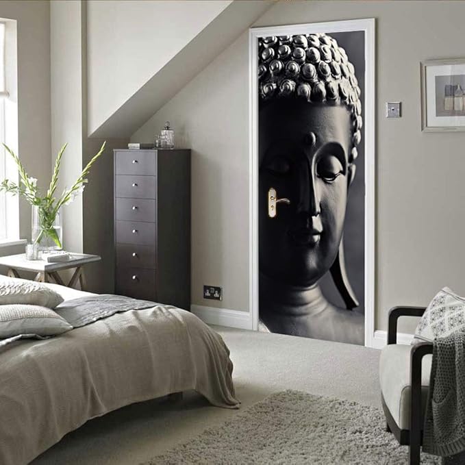 3D Door Stickers Murals - Buddha Statue - Peel and Stick - Waterproof & Washable - Matt Finish - Modern Style - White - 31.5" x 78.7" - 2 Pieces