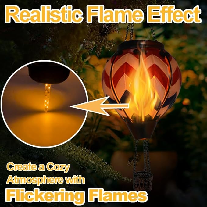 2PCS Solar Hot Air Balloon Lanterns with Flame with Shepherd's Hooks, Glass Hanging Flickering Lights Outdoor Waterproof for Garden Tree Yard Patio Mother's Day Gift, 18" H Wavy