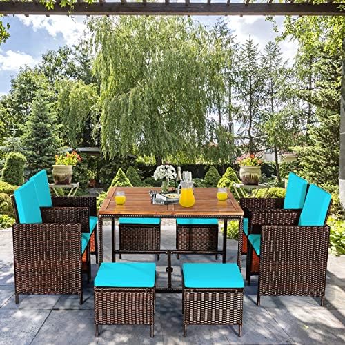 Tangkula 9 Pieces Acacia Wood Patio Dining Set, Space Saving Wicker Chairs and - Image 5