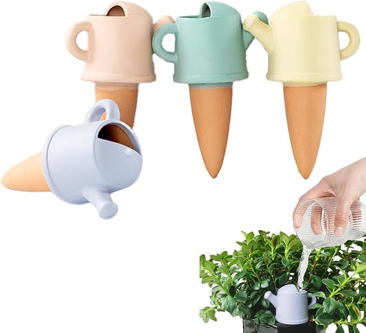 4-Pack Self-Watering Terracotta Spikes for Plants, Automatic Plant Watering Stakes, Keeps Plants Hydrated While You're Away, Ideal for Indoor & Outdoor Use (Teapot Design)