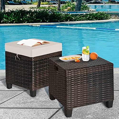 ORALNER Set of 2 Outdoor Ottoman, All-Weather Rattan Cube Foot Stool - Image 2