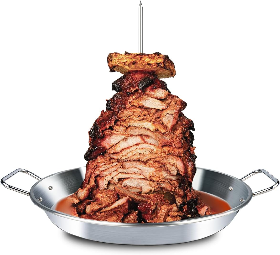 BBQ Vertical Skewer Pan Gyro Spit Shawarma Stand for oven, Al Pastor Skewer for Grill, El Pastor Hack for Tacos Al Pastor Chicken, Brazilian, Stainless Steel, with 8",10" and 12" stick