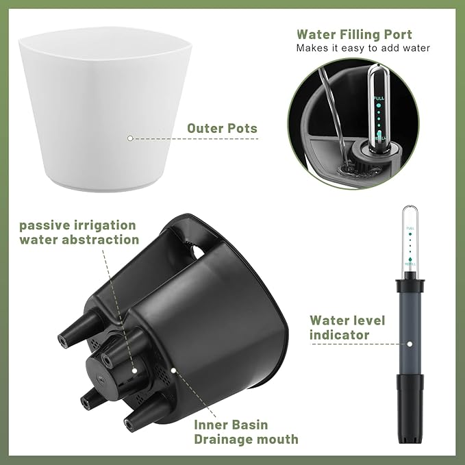 7 inch Plant Pots 6-Pack, Self Watering Flower Pots Indoor Outdoor, African Violet Pots Planters with Drainage Hole Saucer Reservoir, White