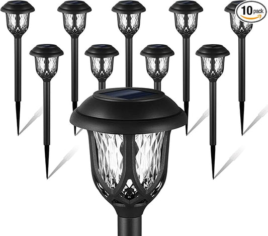 10 Pack Solar Lights Outdoor Decorative, Solar Pathway Lights Outdoor, Solar Powered Garden Yard Lights for Walkway Sidewalk Driveway. (Black, Cool White)