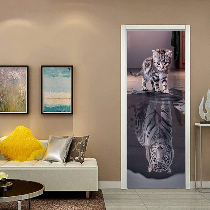 3D Door Wallpaper Self-Adhesive Door Sticker - Cat Become Tiger - Door Film Poster Premium PVC Waterproof Wall Sticker for Bedroom Living Room Door Decoration Wallpaper 86 x 200 cm