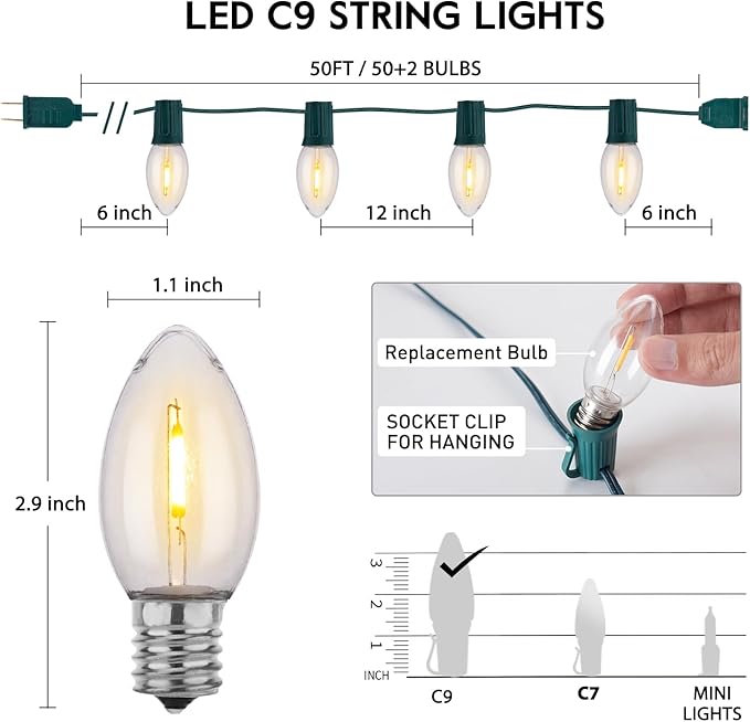 Vintage C9 LED Christmas Lights Outdoor Warm White, 50 Feet C9 String Lights for Christmas Tree Roofline Holiday Party Indoor Outdoor Garden Patio Backyard Cafe Xmas Decoration, Green Wire