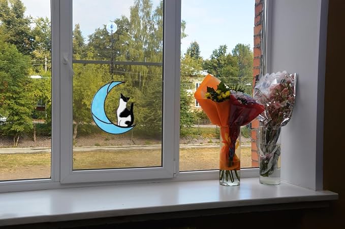 Black and White Cat Gifts，Cat Loss Sympathy Gift，Cat Memorial Gifts for Loss of Cat，Tuxedo cat Gifts，Cat Suncatcher，Stained Glass Cat Window Hanging