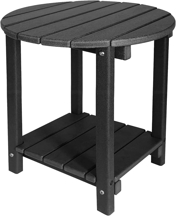 Adirondack Round Outdoor Side Table 2-Tier Storage Patio Side Table, HDPE End Tables for Backyard Pool Porch Garden Lawn (Black)