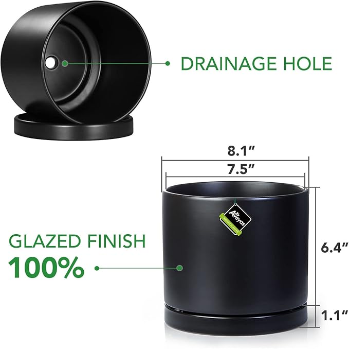 Aveyas 8 inch Ceramic Plant Pot with Drainage Hole and Saucer - Suitable for Indoor and Outdoor Use, Modern Planters for House Garden Flower Tree Snake Monstera Plants (8", Matte Black)